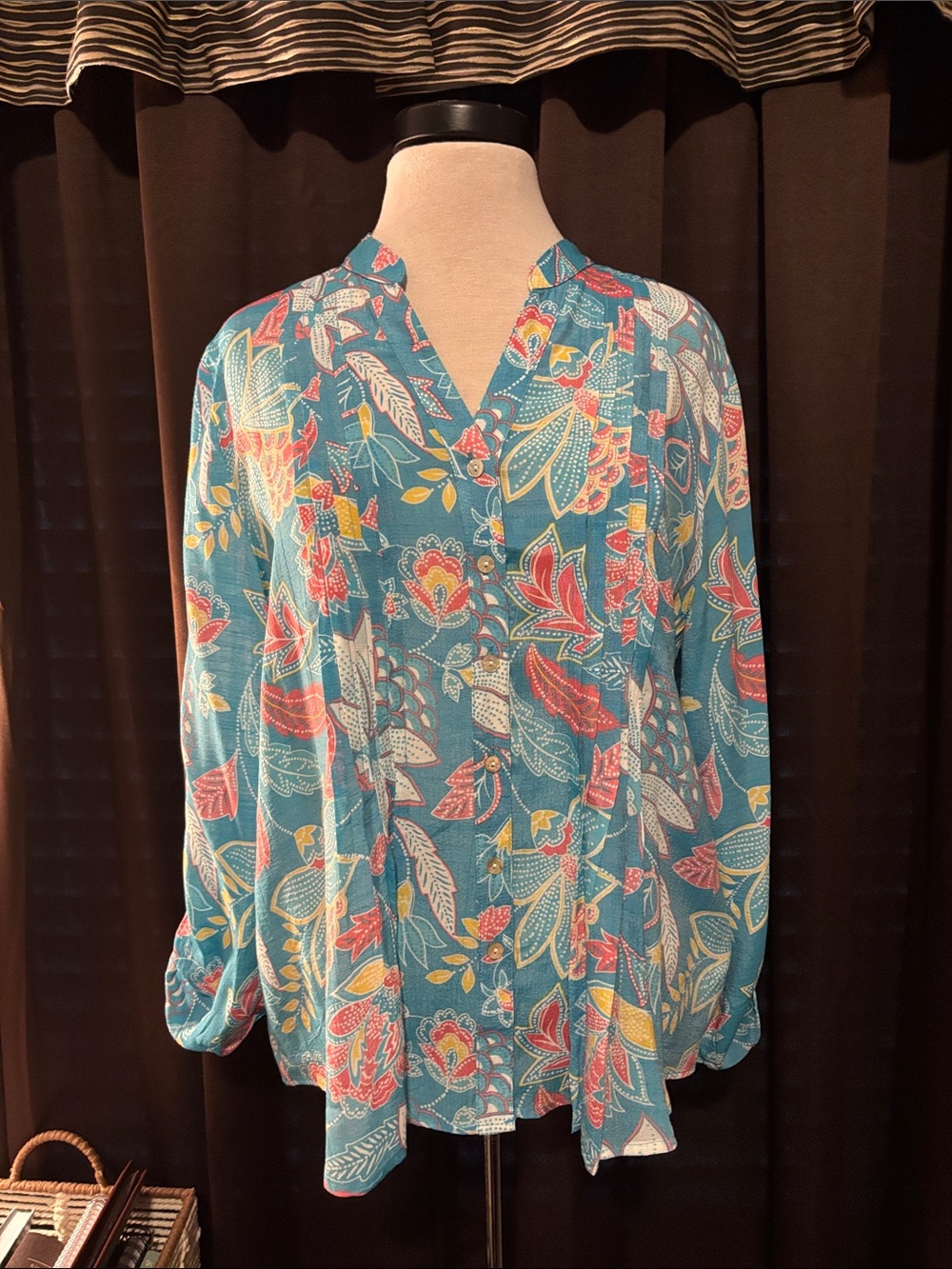 Ruby Rd. Teal Floral V-Split Button Front Tunic